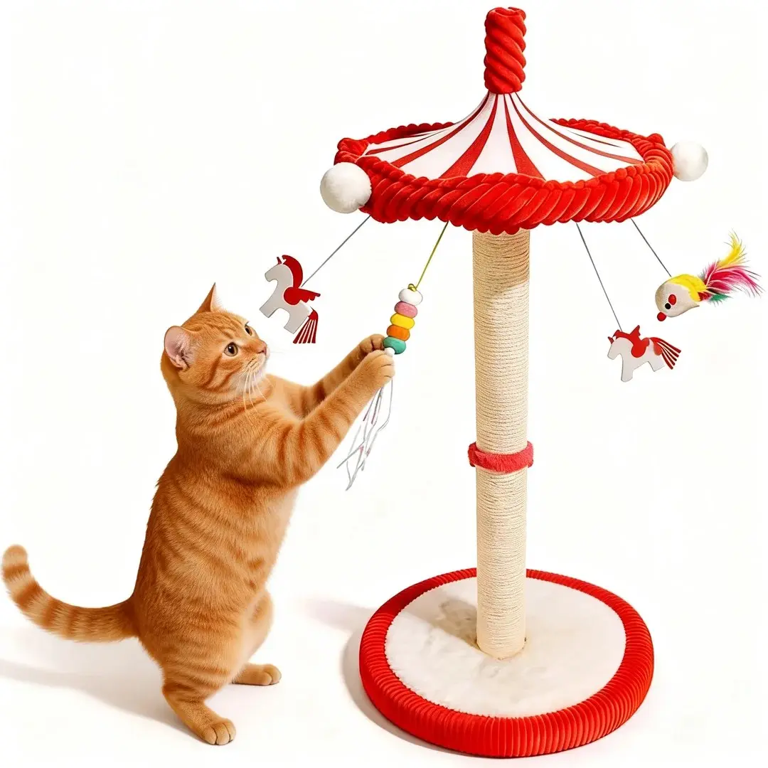 39” Tall Carousel Cat Scratching Post - Super Stable Sisal Rope Furniture with Hanging Balls, Rotating Top, Entertaining Fun Play Features to Keep Indoor Cats Active