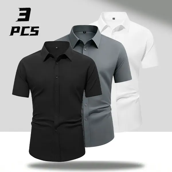 Men’s 3-pack business shirts in solid colors with a slim fit and short sleeves, made from skin-friendly, breathable fabric that is wrinkle-resistant and drapes well—ideal for office wear., Silky, Tops