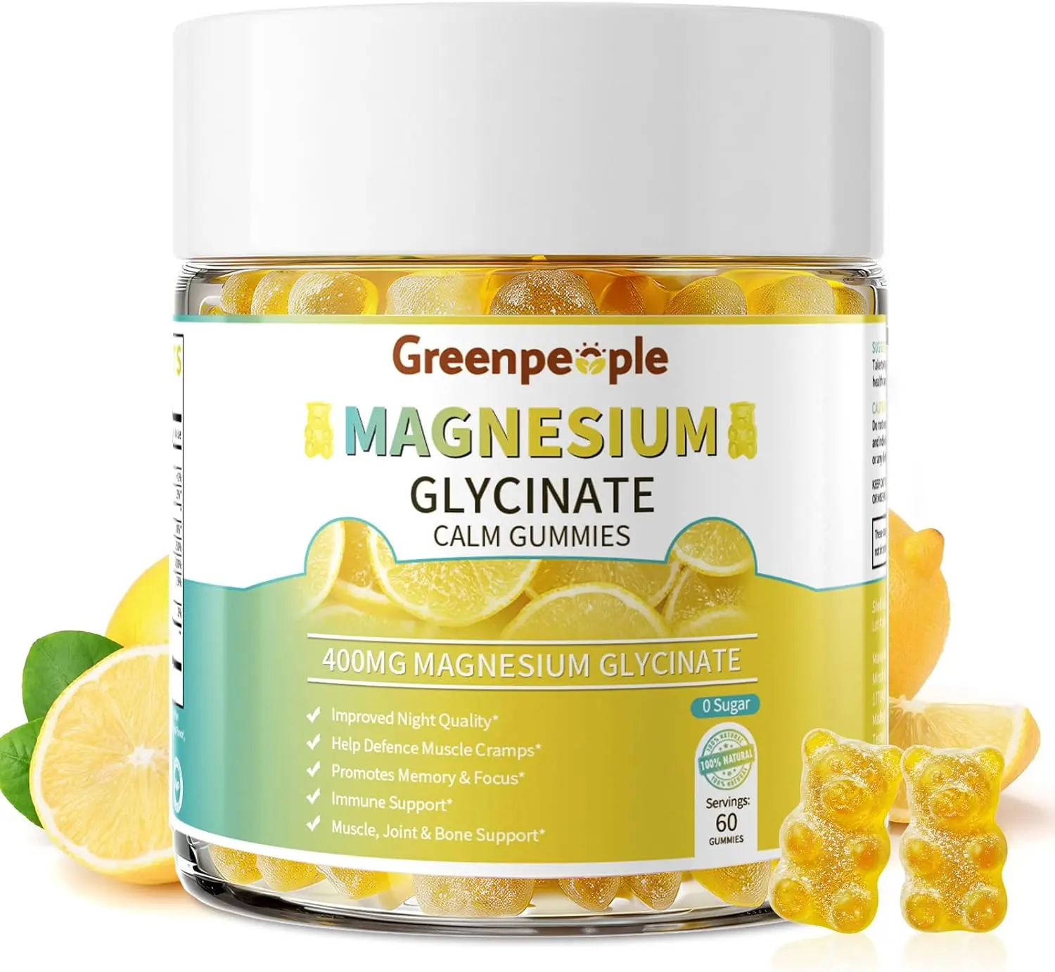 GREENPEOPLE Magnesium Glycinate Gummies 400mg - Lemon, 60ct 2 Pack | Chelated Sugar Free,High Absorption Supplement with Magnesium Citrate,Vitamin D & B6 Calm,Sleep & Stress Support for Adults