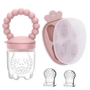 Silicone Baby Fruit Feeder with Carrot Food Storage Box, 1 Silicone Teether and 2 Pacifier Bags, BPA Free Feeding Set for Infants 0-2 Years, Teething Ring