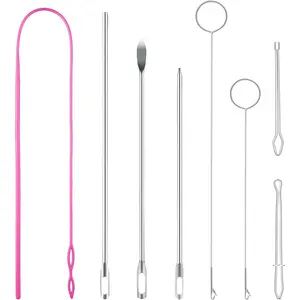 Drawstring Threader Tool Set, Stainless Steel Sewing Loop Turner Hooks with Latch, Flexible Drawstring Threader, Easy Rope Threader Clips for Jackets Coats Pants Hoodies Sweaters (8 Pack)