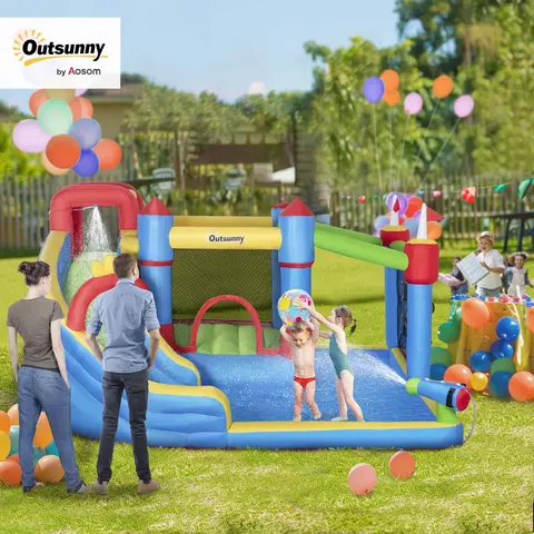#tiktokshopbacktoschool Outsunny 5/6/8-in-1 Summervibes Inflatable Water Slide Kids Bounce House with Splash Pool Climbing Wall Air Pump Water Cannon Slide Trampoline Multifunction Durable Outdoor Backyard Fun