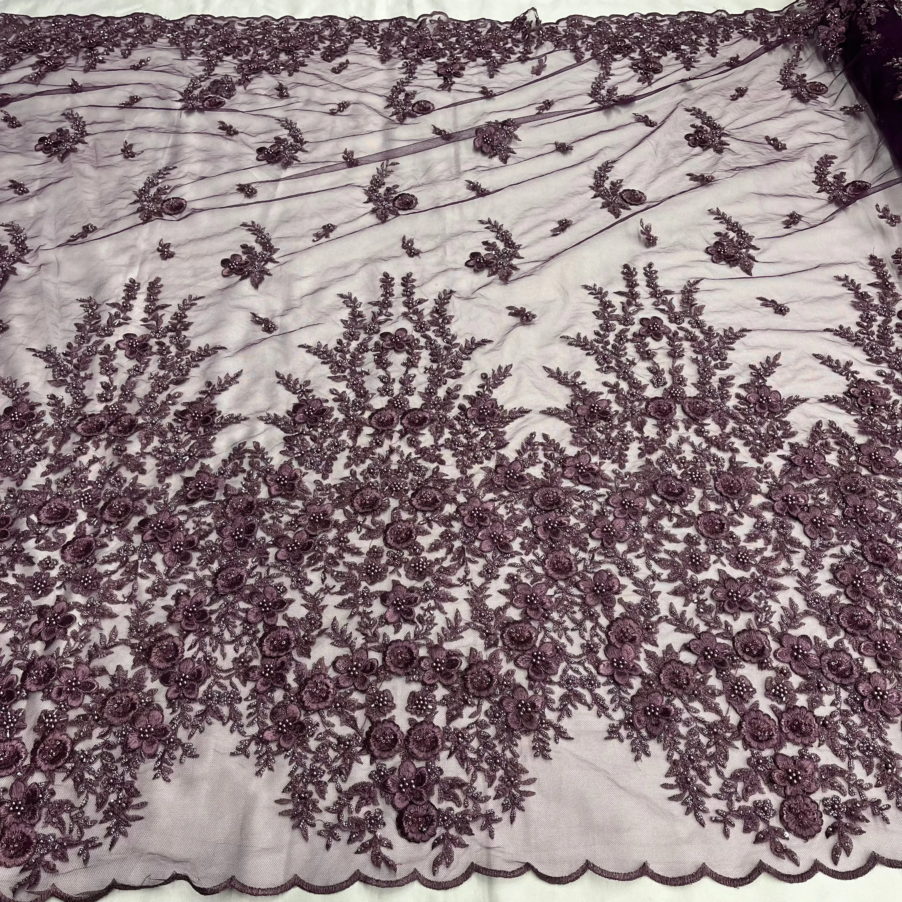 Handmade Floral Lace Scallop Fabric - Durable Beaded Polyester Net Mesh with 3D Beads, Sequins, Extra Dimension & Shine, for Evening Gowns & Any Special Occasion, 54" Wide Formal Fabric with Scallop Edge, High Quality