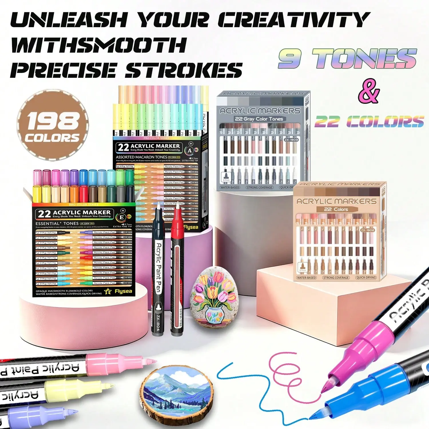 Flysea 22pcs Acrylic Marker Pens, Gradient Colors, 0.7mm Fine Tip, Ideal for Detailed Drawing, Art Painting, Quick Dry, Stain Resistant, Multi-Surface Use, Artist Supplies, Art Markers Set