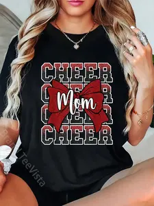 100% Cotton Unisex Cheer Mom Mama Bow Sport Cheerleader Cheerleading Red T-Shirt Graphic Casual Round Neck Tee