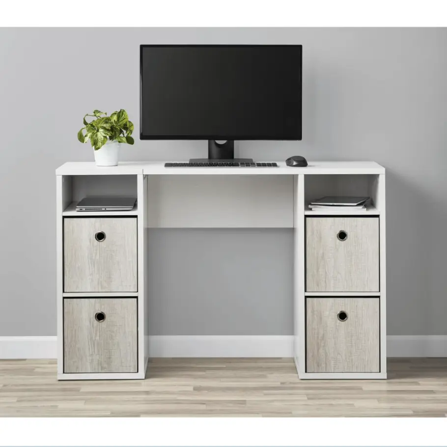 4-Cube Storage Desk, White Wood Grain, Home Office Workstation with Open Shelves