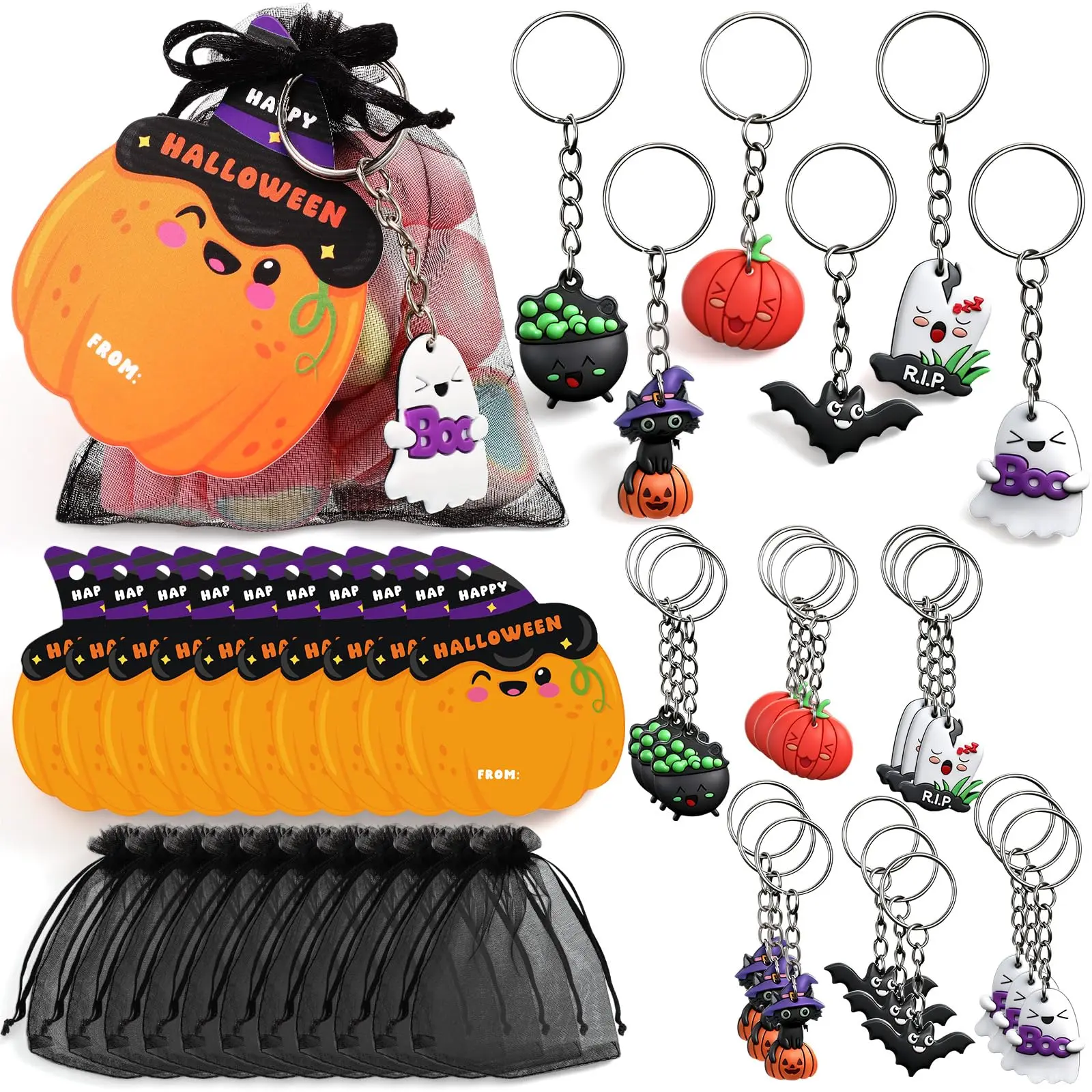 24 Sets Halloween Party Favors for Kids, Pumpkin Ghost Keychain Goodie Bag Fillers with Gift Tags and Organza Bags, Bulk Non-Candy Halloween Treat Bags for Trick or Treat, Boo Basket Stuffers, Seasonal Classmate Coworker Gifts for Thanksgiving Christmas