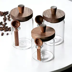 3-Piece Glass Kitchen Containers Set with Wooden Spiked Locust Wood Screw Lids and Utensil Spoons, Assorted Sizes, Countertop Bulk Storage for Coffee Beans, Tea Leaves
