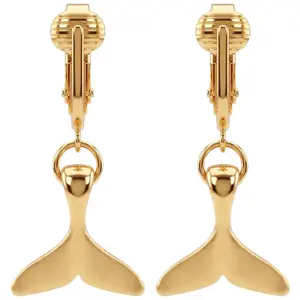 Gold Whale Tail Clip On Dangling Earrings