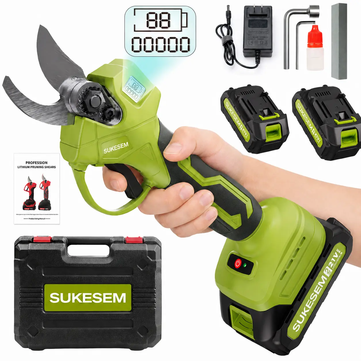 SUKESEM 21V Cordless Electric Pruning Shears for Gardening & Tree Shrub Trimming, 1.2” Cutting Diameter Heavy-Duty Branch Cutter with LCD Display, 2 Batteries, 6-8H Runtime - Fathers Day Gift for Gardeners