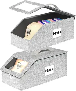 2PCS Stackable Storage with Clear Window Lid, Flip-Top Access, Space-Saving Hat Box for Closet, Breathable Fabric (Grey)