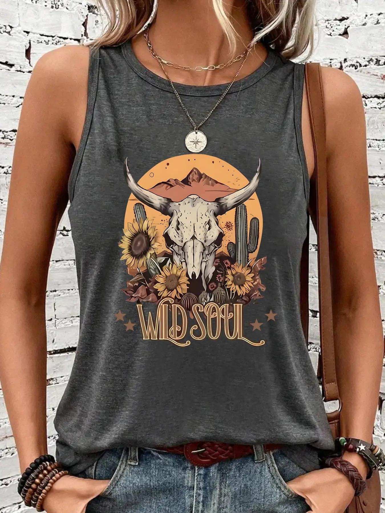 Women's Vintage Western Cowboy Sunflower Graphic Print Sleeveless Vest, Casual Stretch Round Neck Top, Breathable Fabric
