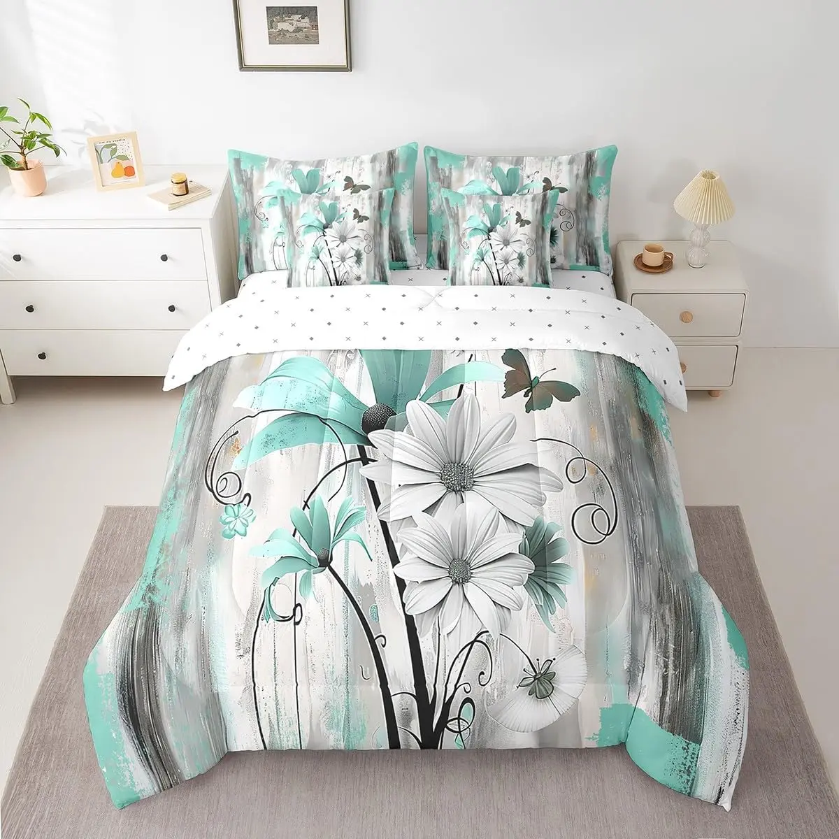Feelyou 7-Piece Vintage Floral Butterfly Garden Decorative Microfiber Comforter Set, Bed-in-A-Bag with Comforter, Sheets, Pillowcases and Cushion Cover, Decorative Bedding Set, Microfiber Bedding Set