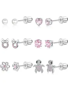 Sweet 6 Pairs Silvery Shining Ear Studs Pink Hypoallergenic Screw Back Stainless Steel Earrings for Women Men Sparkling CZ Zirconia Inlaid Heart Flower Turtle Stud Earrings Set Heart Shaped Earrings Stud Earring Jewelry