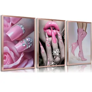 3pcs/set Frameless Dreamy lips and pink nails canvas print Posters, Modern charming Wall arts decoration painting, Modern Art Design, Dopamine Decor, Modern Home Decor