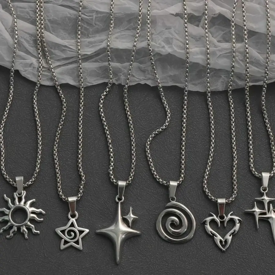 6 Piece Set Y2K Flame Heart Star Spiral Sun Pendant Necklace, Stainless Steel Chain, Punk Simple Unisex Couple Jewelry for Daily Party, Fashionable Jewelry Accessories, Cross Pendant,summervibes