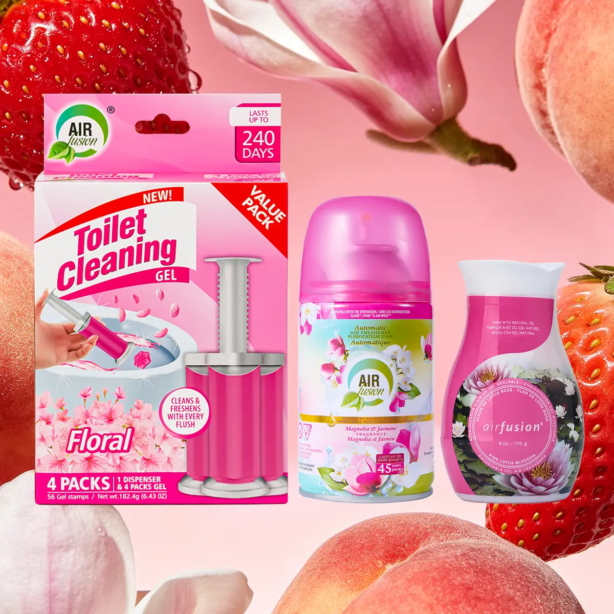 Air Fusion Pink Bloom Floral Berry Scent Non-Aerosol Bathroom Freshener & Odor Eliminator 3-Piece Bundle - To-Go Spray, Compact Twist Gel, Toilet Gel Stamp - Space-Saving, Daily Use, Emergency Relief, 18% Savings, Three Pieces