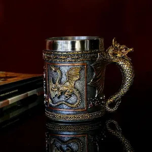 alikiki Medieval D&D Dragon Coffee Mug - 15.8oz Stainless Gold Roaring Dragon Beer Drink Viking Mug for GOT Lovers Collector Ideal Novelty Gothic Father Day Gift Party Decoration