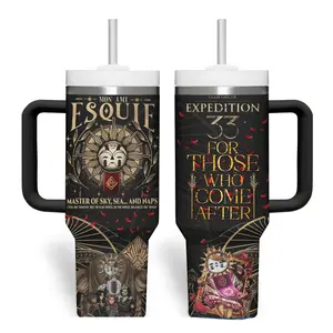 Claire Obscur Ex33 Esquire Inspired 40oz Handle Tumbler – Video games RPG Art Stainless Steel Cup, Expedition 33 Style, Quote Travel Mug Gift