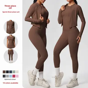 (New) In-stock brushed fabric, skin-friendly, breathable, tight-fitting short-sleeve three-piece sports running fitness yoga set for women