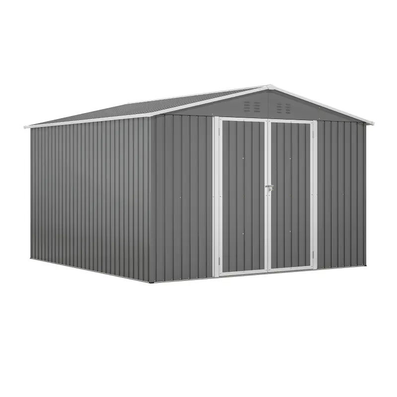 10x10 FT Durable Garden Shed, Weatherproof Galvanized Steel Metal Shed with Updated Frame Structure, Lockable Doors for Backyard Patio Tool Storage, Weatherproof Metal Shed
