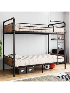 【Labor Day Sale】Metal Bunk Bed Twin Size,Over Twin For Kids, Heavy Duty Twin Size Convertible Bunk Bed With Guardrail & Ladders, Noise Free, No Box Spring Needed, Vintage Brown/Black