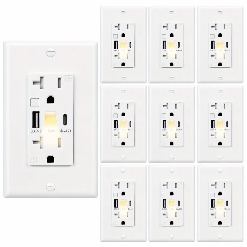 2/10pcs, USB Outlet with Night Light (Manual), 20A 125V Electrical USB C Outlet, 5V 4.2A Tamper-Resistant USB Wall Outlets with Type A & Type C Ports, Wallplate Included, ETL Listed, White