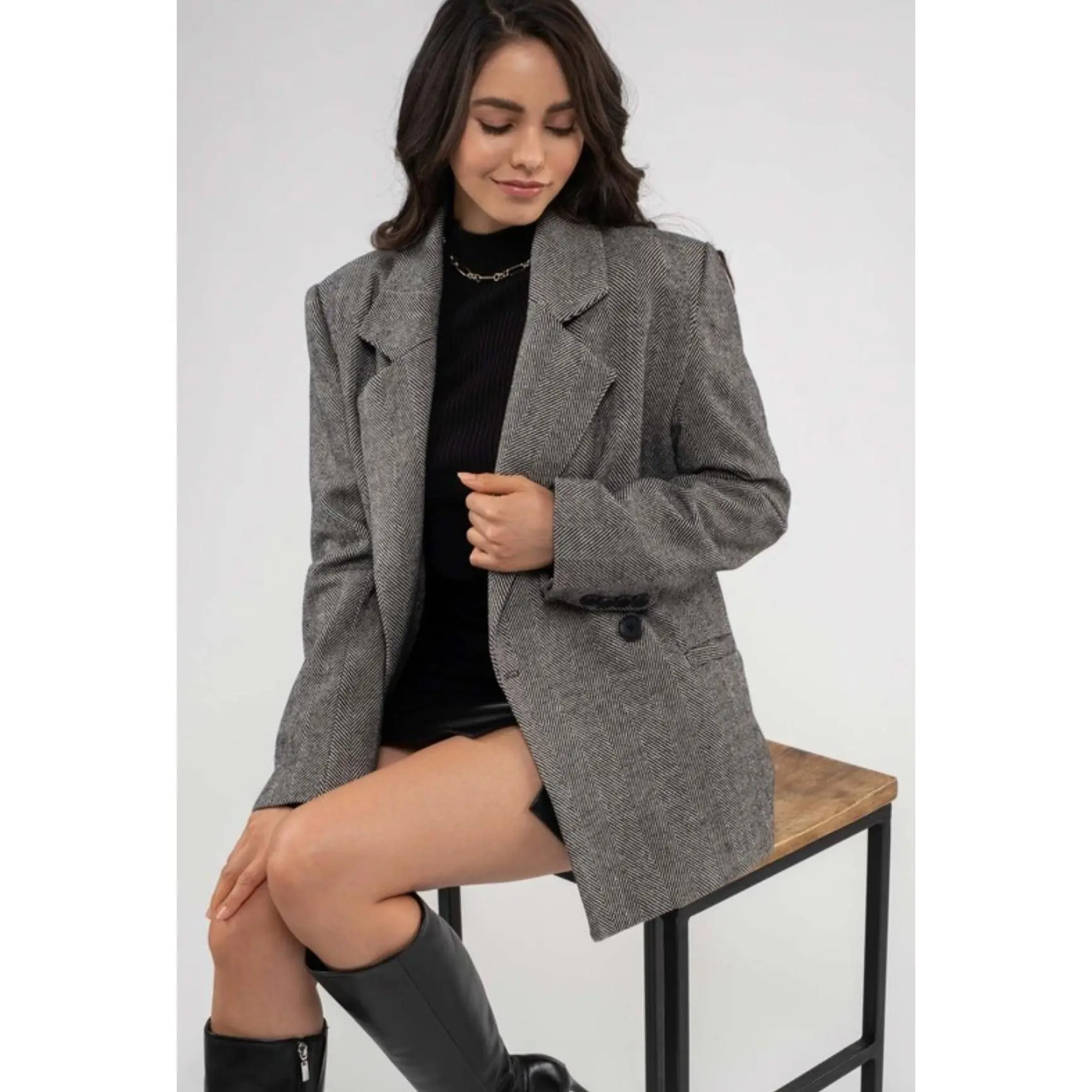 Black Herringbone Plaid Blazer