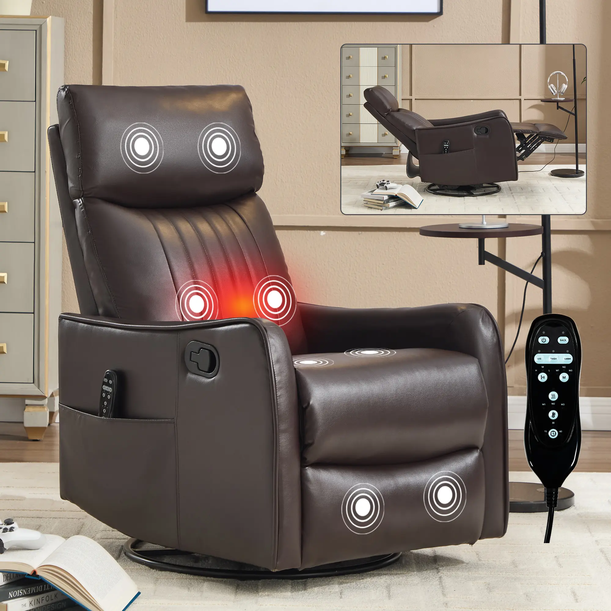 Heated Massage Swivel Rocker Recliner Chair for Nursery - Small Space Indoor Furniture Chair with PU Leather, Lumbar Support, 360° Swivel, Gentle Rock, Rolling Function, Timer, Easy Install, Ergonomic High Back