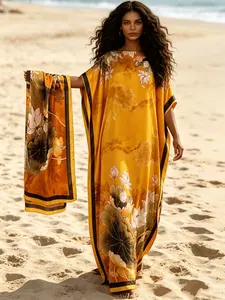 Women's Golden Lotus Floral Kaftan Robe, Plus‑Size Muslim Abaya with Matching Headscarf, Loose Batwing Sleeve Long Kaftan Cover‑Up, Modest Beach Outfit, Dubai‑Style Islamic Gown, Suitable for Vacation, Eid al‑Fitr, Party and Loungewear