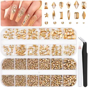 3220Pcs Champagne Gold Glass Nail Rhinestones 120Pcs Multi Shapes Flatback Nail Gems +3100Pcs 1.5-4mm Round Crystal, Manicure Nail Charms Diamond Gemstones for Nail Design Acrylic Nails Decoration