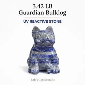 crystal decoration Lela's GemStoneZ Midnight Guardian Bulldog 3.42 LB UV Reactive Sodalite Carving Statement Protection Piece Hand Carved Natural Stone with Calcite Inclusions crystal shop lapis lazuli Natural Crystal healing stones Home ideal choice crys
