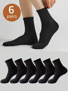 Men's Mid-Calf Sports Socks, 6 Pairs, Sweat-Wicking Breathable, All-Season Comfort, Casual Style, Plain Pattern