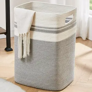 CHERISHGARD Cotton Laundry Basket 16x13x22 Woven Rope Laundry Hamper