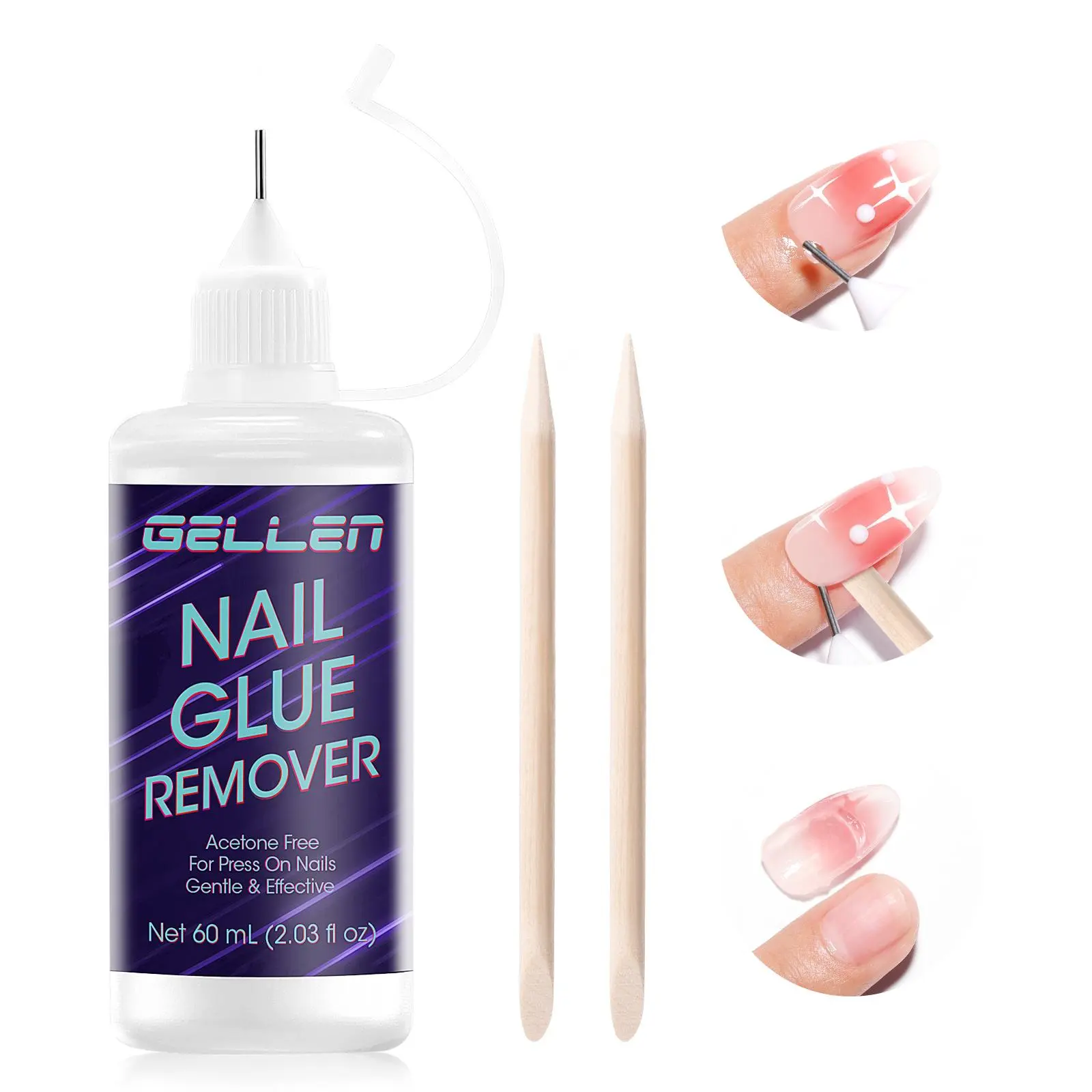 Gellen Gentle Silicone Press-On Nail Remover Kit - Non-Acetone Nail Care Formula with Pinpoint Applicator for Quick Gel-X Fake Tips Removal, 2.03 Fl.oz