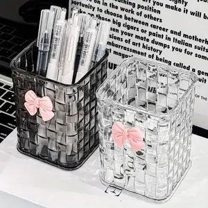 1pc Acrylic Pen Holder Makeup brushes Holder ,Large Capacity Transparent Desk Organizer with Decorative Bow, Multi Functional Storage for Office Supplies, Markers, and Stationery, Office Supplies Accessories storage makeuporganizer storage box container