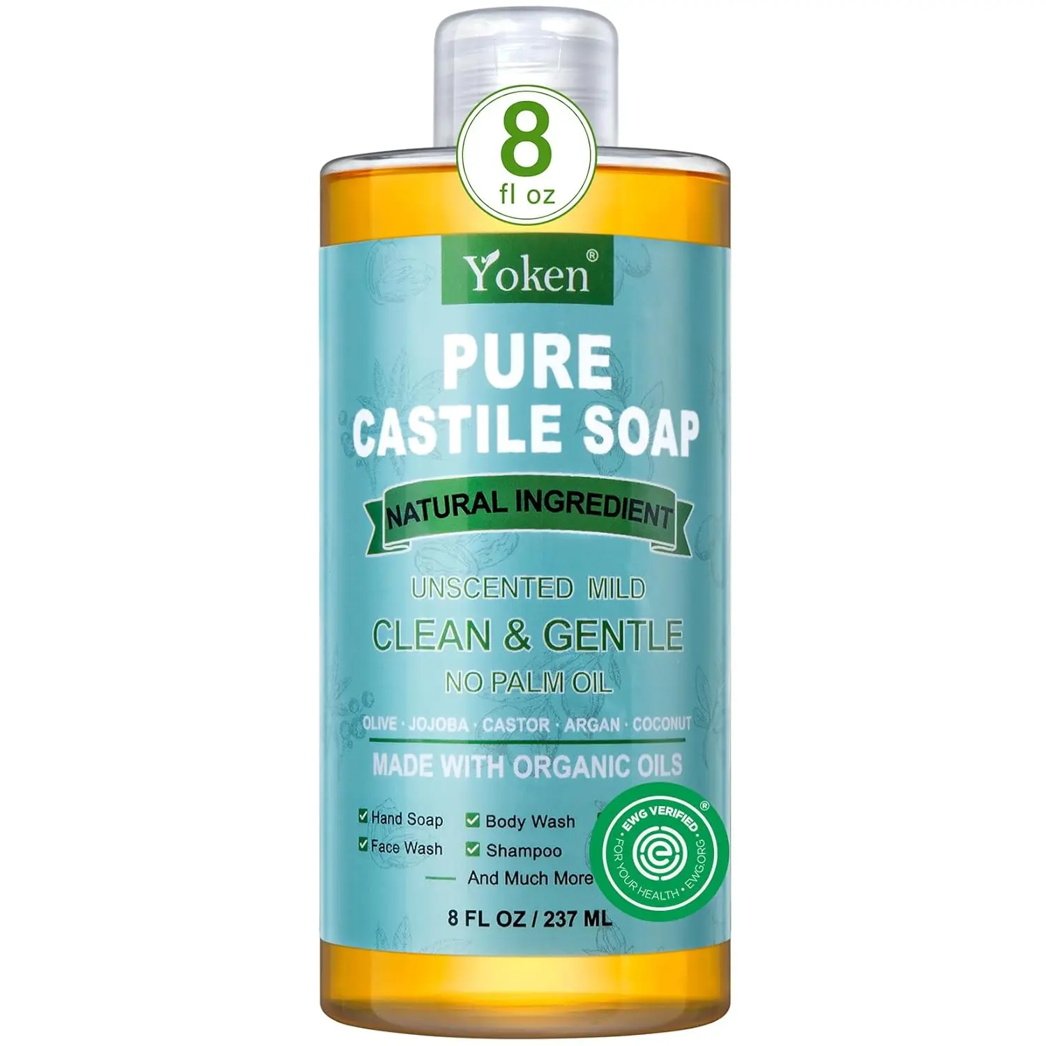 Yoken Pure Castile Liquid Soap Organic (EWG Verified, Unscented, 8 OZ), Made with Organic Oils, No Added Fragrance, Vegan, Castile Soap Liquid for Face, Laundry, Dishes, Sensitive Skin, Travel soaps, Summervibes