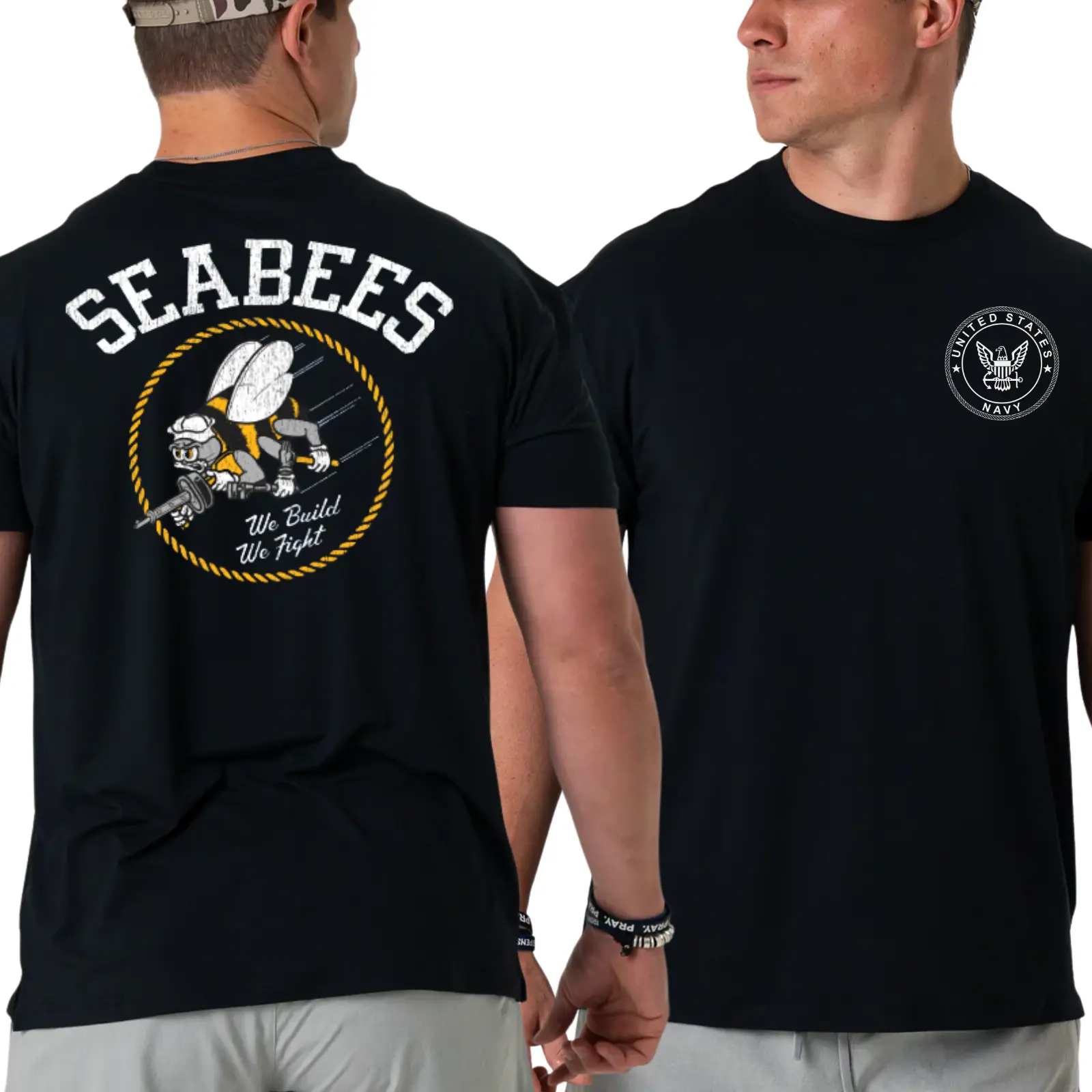 Men's Cotton Short-Sleeve Classic Casual U.S. Navy Seabees Top - 2-Sided Graphic, Crew Neck, Front Navy Emblem, Back Fighting Bee Logo, "We Build We Fight" Motto, 2000s Outfits, Military Shirt for Veterans, Machine Washable, Menswear T-Shirt
