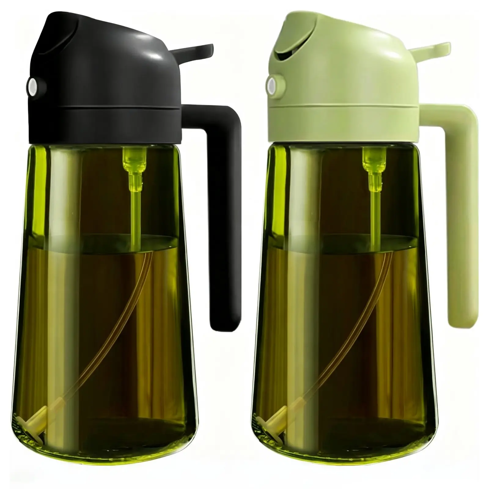 2pc 2-in-1 Oil Dispenser & Oil Sprayer,16oz/470ml Modern Leakproof , Dark Green Light-Blocking Plastic Lightweight Refillable Kitchen Utensil with Nozzle for Cooking, Air Fryer, Leakproof Oil Dispensers(Black & Green)