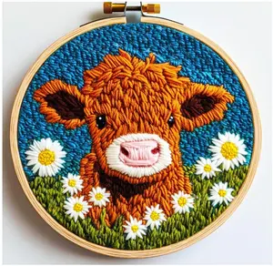 DIY Punch Needle Kits for Beginners Cute Cartoon Highland Cow with Daisy Flower with Hoop Embroidery Punch Needle Starter Craft Set Easy for Adults and Children Festival Gift and Decoration 20x20cm-1