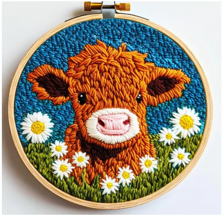 DIY Punch Needle Kits for Beginners Cute Cartoon Highland Cow with Daisy Flower with Hoop Embroidery Punch Needle Starter Craft Set Easy for Adults and Children Festival Gift and Decoration 20x20cm-1
