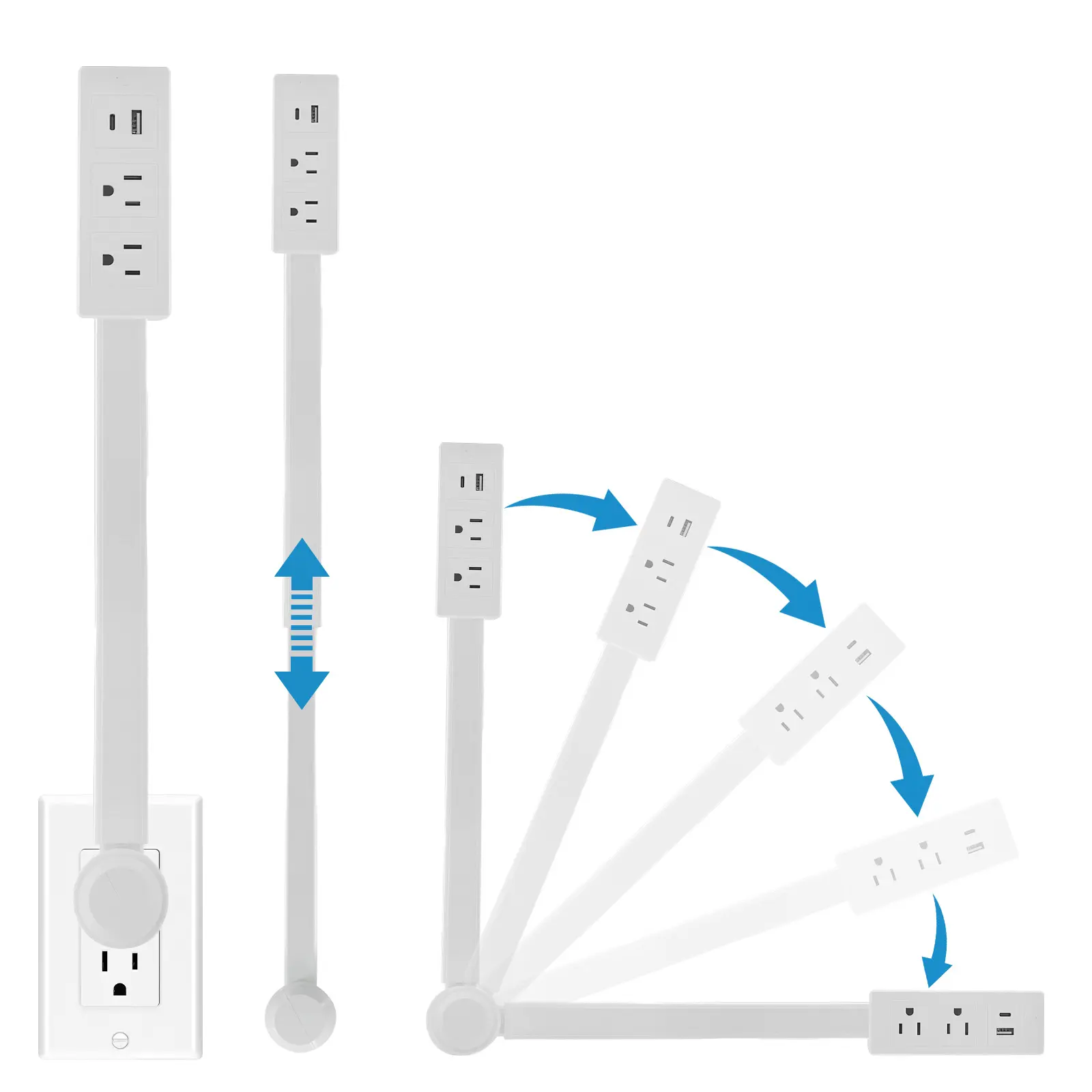 Power Socket Expander, Electrical Outlet Extender Stick, Access Hard-to-Reach Outlets,Features USB-A, USB-C, and 2 AC Outlets, Extends 22"-34", Rotates 180°. ETL Certified, Use Behind Couche, Nightstands, Desks Home Modern