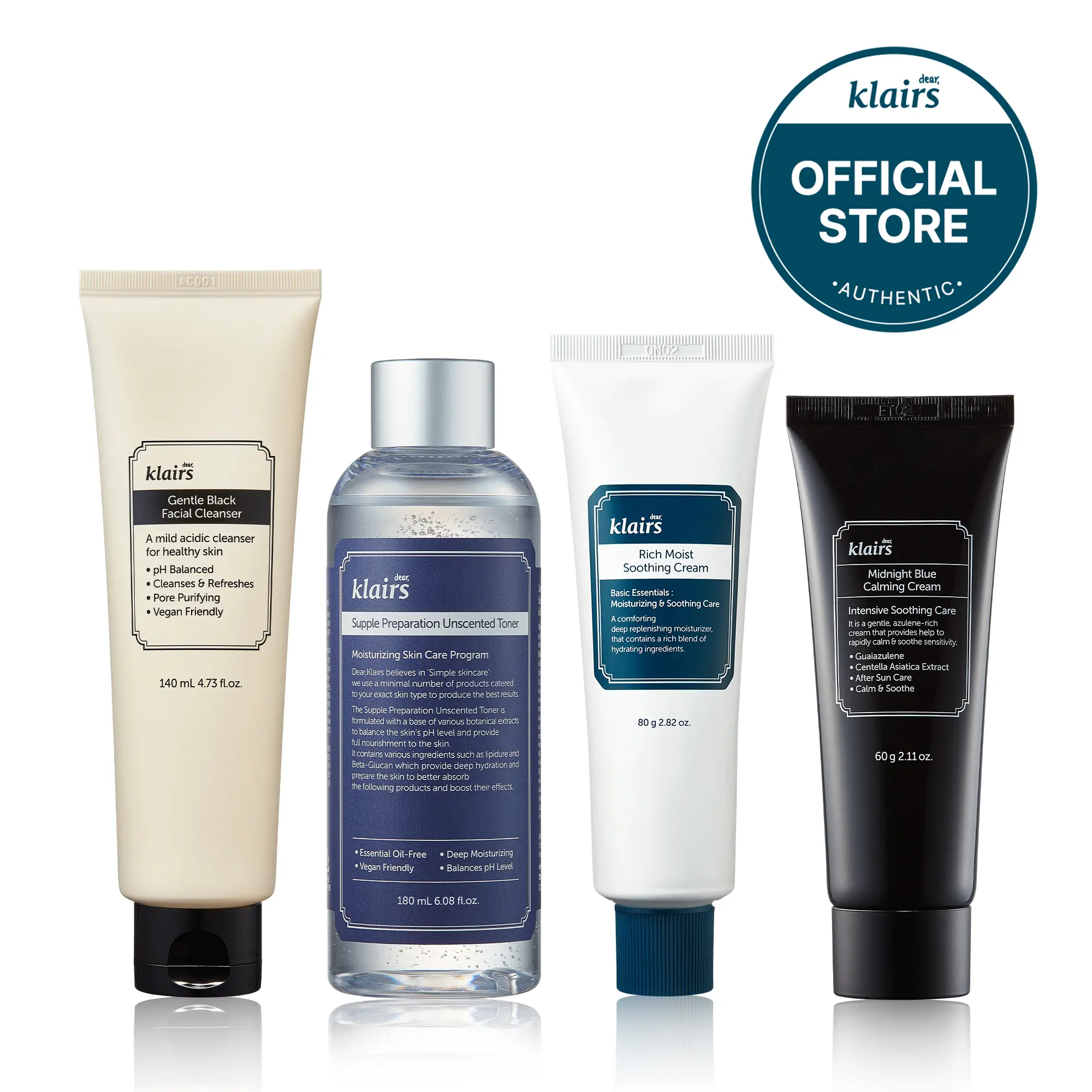 [Dear Klairs Official] Korean Skincare Beginner Kit - Gentle Black Facial Cleanser, Supple Preparation Unscented Toner, Rich Moist Soothing Cream, Midnight Blue Calming Cream