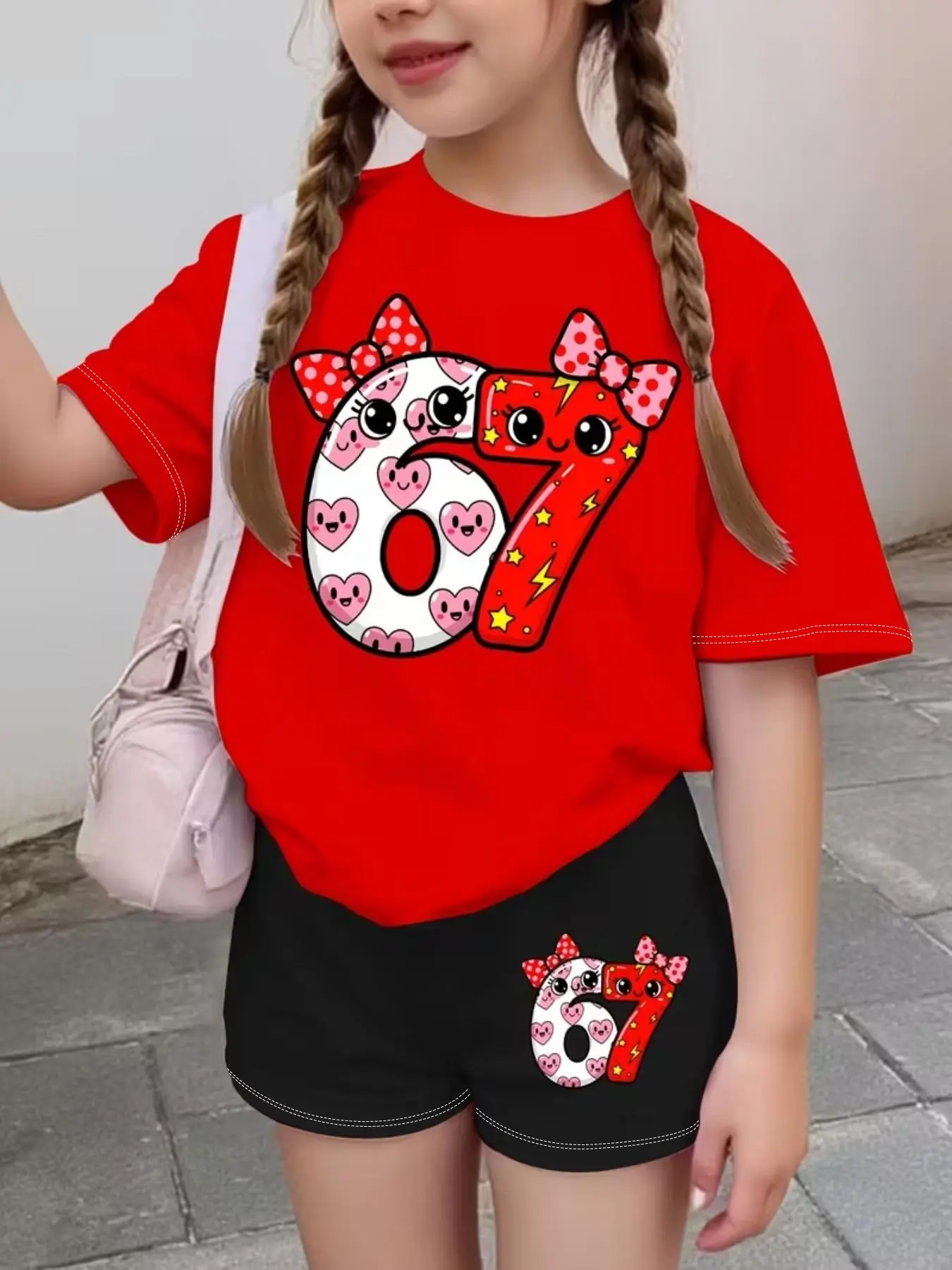 Girls Cartoon Heart Bowknot and Number 67 Print Fashion Sweet Sports Style Set, Summer Trendy T-Shirt Shorts Set, Casual All Seasons, Graphic Print Set
