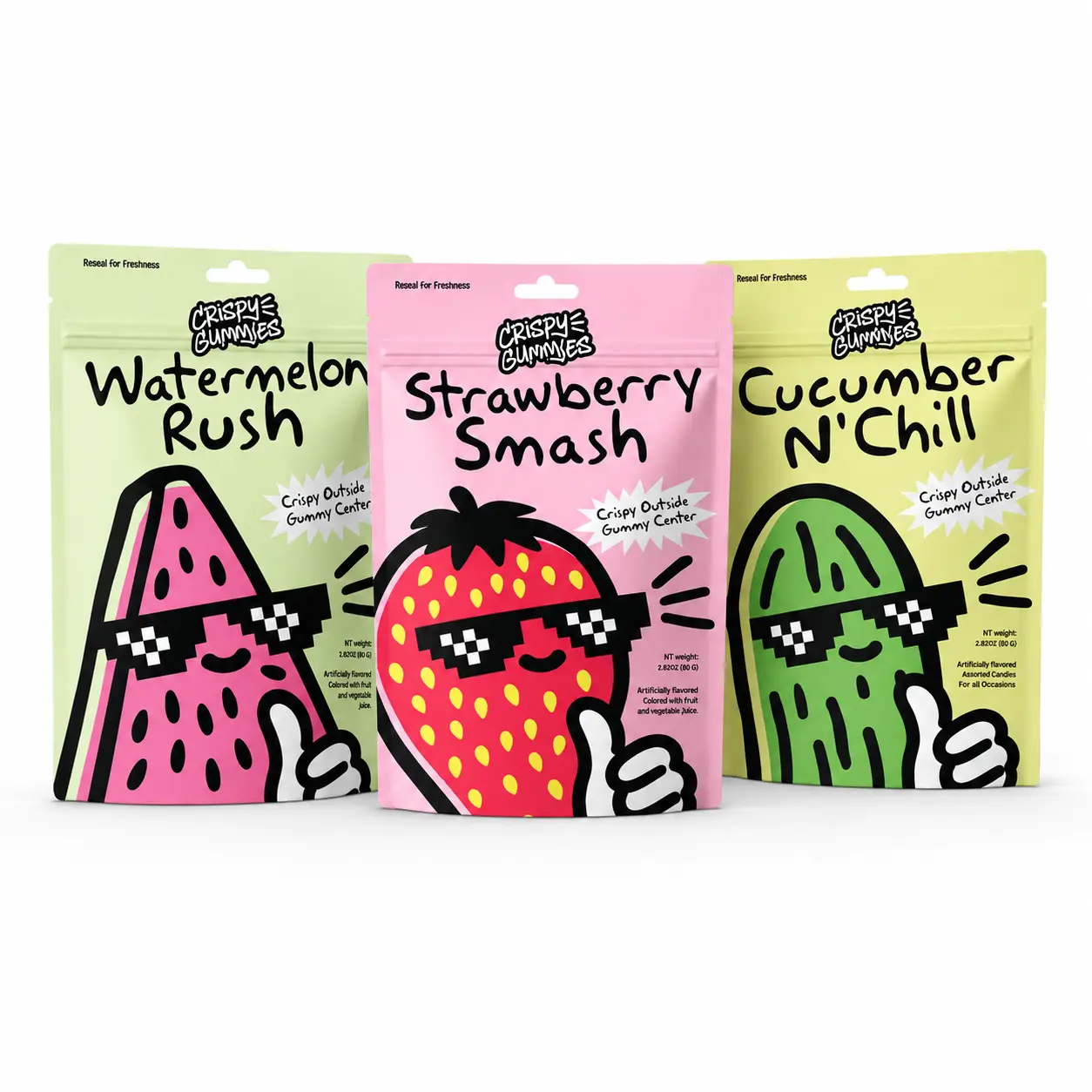 Crispy Gummies 4.44oz Bag (Pack Of 3) - Thin Crispy Shell & Soft Gummy Center | Watermalon Rush, Cucumber N Chill & Strawberry Smash Flavor | No Artificial Dyes