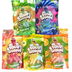 Sour Worms 5-Pack - Green Apple, Blue Raspberry, Strawberry, Pineapple, Orange - all 4 oz bags - Fun Snack for Kids