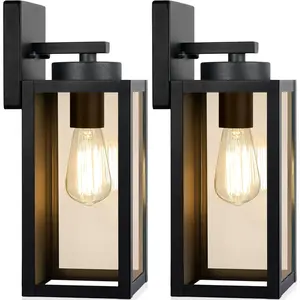 2-Pack Outdoor Wall Light Fixtures, Exterior Waterproof Lanterns, Porch Sconces Wall Mounted Lighting with E26 Sockets & Glass Shades, Modern Matte Black Wall Lamps for Patio Front Door Entryway