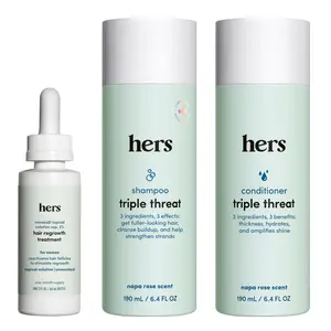Hers Triple Threat Shampoo, Conditioner and 2% Minoxidil Serum - Includes Minoxidil Serum, Color Safe Hair Thickening Shampoo and Conditioner - 3 Count