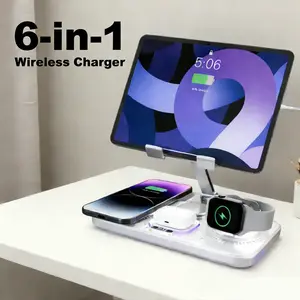 6-in-1 Wireless Charging Stand for Tablets, Phones Foldable, Portable Desktop Charger for iPhone 17 16 15 14 Pro Max 13 12 11 iWatch 11 10 9 8 76 5 4 3 2 SE AirPods4  3 2 Pro Multiple Devices Compatible with Android Phones and Smartwatch