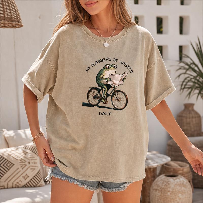 Absurd Frog Bicycle Graphic Tee for Women, Washed Cotton Oversized Funny Animal Shirt S-5XL